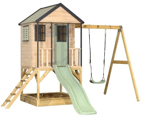 Wendi Toys M50 Stelzenhaus mit Rutsche und Schaukel, Spielhaus aus FSC-Holz für Kinder Garten Outdoor, Podesthöhe 90 cm, 290×350×242 cm, mit 175 cm Rutsche, Sandkasten, wetterfest