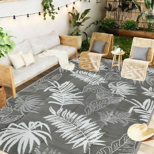 Homcomodar Outdoor Rug for Patios Waterproof Reversible Grey Garden Rug 150x245cm UV Resistant Outdoor Carpet Lightweight Foldable Plastic Straw Rugs for Patio RV Balcony Beach Backyard Picnic Deck