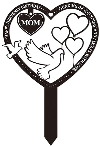 BUoonyer Stake Graves Cemetery Decorations - Mom Metal Memorial Grave Markers, Mother Heart Graveyard Sympathy Plaque, Happy Heavenly Birthday Remembrance Graveside Burial Decor Sign for Outside Yard