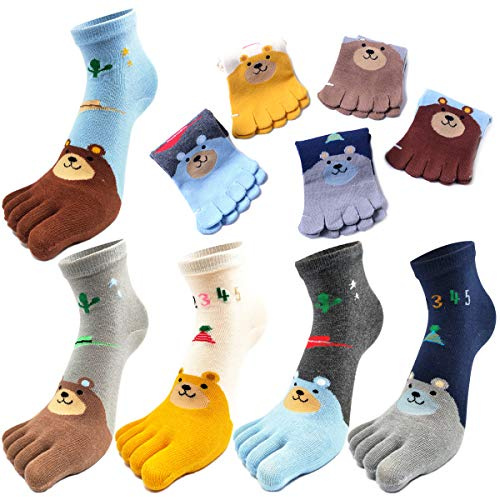 REKYO 5 Pares Niños Del Dedo Del Pie Calcetines Algodón Niños Cinco Dedos Calcetines De Dibujos Animados Lindo Patrón De Los Animales Para Niños Niñas 3 a 12 Años (Oso, 7-12 años)