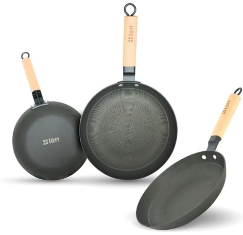 lätt Home Juego de Sartenes Hierro Fundido Antiadherente Aptas para Cocina de Inducción Gas Vitrocerámica Eléctrica Horno Lavavajillas - Mango Madera Clara Removible - Set 3 Diametros 20-24 - 28 cm