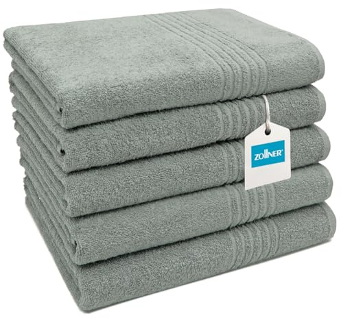 ZOLLNER 5er Set Duschtücher in 70x140 cm - saugstarke Handtücher in grau - mit praktischem Aufhänger - mit edler Streifenbordüre - waschbar bis 60°C - Baumwolle - Hotelqualität