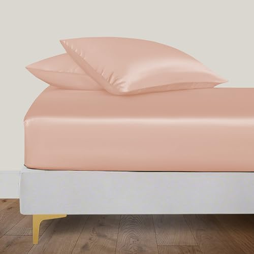 LINENWALAS Double Fitted Sheet 140x190 cm, 100% Organic Bamboo Silk Bed Sheet for Double Size Bed, Up to 40 cm Deep Pocket Bottom Sheet, Soft, Cooling Hypoallergenic Bedding (Rose Gold)