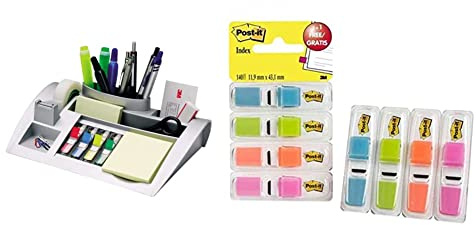 Post-It Organizador de Escritorio, Paquete de 1 Bloc de Notas, 100 Hojas por Bloc, 265x168x68 mm, Color Plata & 70005040152 - Dispensador 3+1 índex 1/2