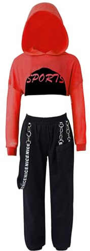 Freebily Träningsoverall för flicka 3 delar huvtröja + sport-bh + sportbyxor metallkedja ballerina jazz hiphop dans modern streetwear, Röd, 9-10 anni