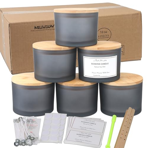 MILIVIXAY Paquete de 6 Tarros de Vela de 16 Onzas Con Tapas de Bambú y Kits de Fabricación, 3 Mechas, Vidrio Grueso Gris Esmerilado Vacíos a Granel Para Hacer Velas