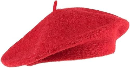 HAJRA® Adult Wool Beret Hat French Style Beret Hat Plain Classic Color, Unisex Soft Warm Outdoor Vintage Artist Beanie Unisex Hat (Red)