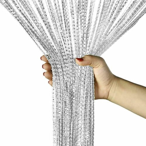 String Curtain Panels Door Fly Screen Room Divider Net Hanging Glitter Curtains,Decorative Tassel Ribbon Strip Silver Screen for Living room,Bedroom,Party Events (White, 39 x 79)