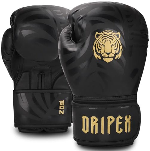 Dripex Boxhandschuhe, Boxsack Handschuhe PU-Leder, MMA Handschuhe Boxing Gloves Männer Damen für Boxen Muay Thai Kickboxen Sparring Kampfsport Training Gold(16 oz)