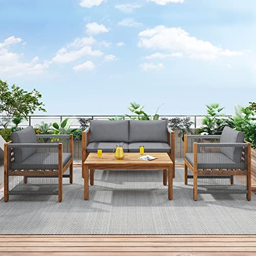 Arhatreya Loungeset, trädgårdsmöbelset, med bekväm kudde, sittgrupp, sittset terrassmöbler, dubbelsoffa, 2 fåtöljer och bord, utomhus, bord och stolar, råttutseende, akacia grå