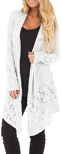 Suéter de punto de talla grande para mujer, cárdigan largo de retazos de encaje, chaqueta fina, camisa de sol, tops largos para llevar con leggings, ligero, primavera y verano, color blanco, blanco,