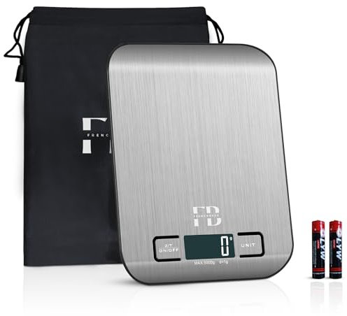 Balance de cuisine avec housse incluse – Électronique précision 1g, inox 5kg – Fonction tare, écran LCD rétroéclairé, ultra-fine – Balance alimentaire avec piles et unités multiples