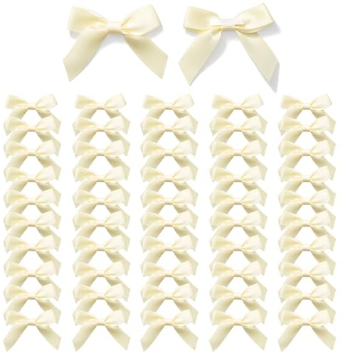 MORSUNBELA Nastri Decorativi Piccoli Fiocchi Regalo Adesivi Beige Nastro di Raso Fiocco per Regalo per Compleanno Matrimonio Natale Decorazione Bigliettini di Auguri 50 Pezzi
