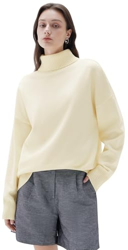 SUUKSESS Women Oversized Cashmere Blend Turtleneck Pullover Sweater Long Sleeve Knit Jumper Tops Trendy Fall Fashion Outfits(Cream White L)