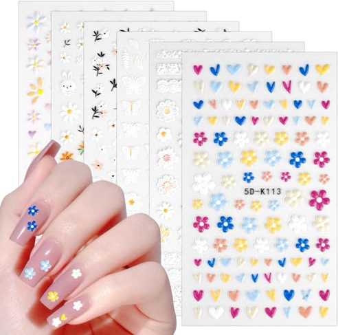 Vicloon Pegatinas Para Uñas Flores,6 Pcs Autoadesiva Nail Art Stickers Decoración,5D Flor Primavera Verano Calcomanías Uñas Autoadhesivas para Uñas para Mujeres y Niñas