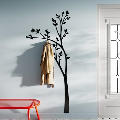 Perchero de pared panel árbol – Diseño barra perchero en negro – Perchero moderno para pasillo – Paneles de pared con 6 ganchos para ropa 190x83cm – Estilo minimalismo – Perchero de pasillo estrecho