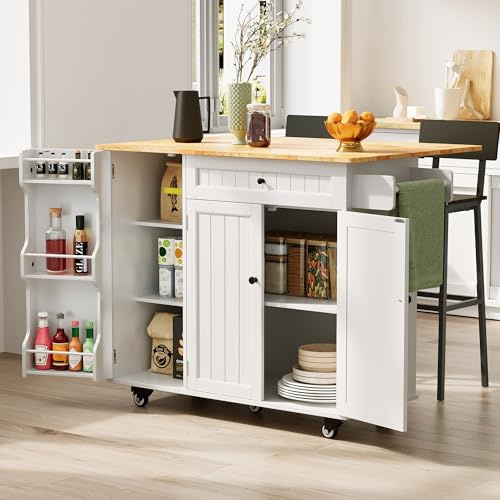 Xbro Isola Cucina con Piano Ribaltabile e Carrello su 5 Ruote, 1 Cassetto e Ripiano, Mobile Pratico e Compatto per Cucina e Sala da Pranzo, 130×75×88 cm, Bianco