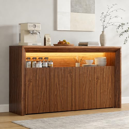 Feonase 66.2 Buffet Cabinet with Storage & Led Lights, Modern Sideboard Cabinet with 4 Doors & Shelves, Fluted Media Console Mid Century, Coffee Bar Table for Living Room Kitchen Dining Room, Walnut