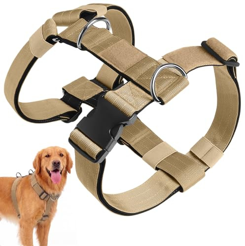 Olcyren Arnes Perro Grande Mediano, Arnés Pecho Antitirones Perros, Arnes Táctico Resistente Perro, Chaleco Ajustable Acolchado Suave para Mascotas para Adiesreamiento Caminar Correr (Caqui, L)