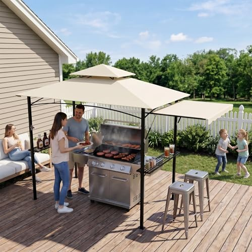 PEILU BBQ grillpaviljong fristående grilltak med solskydd dubbeltak, 2 x sidohyllor och utdragbar markis, väderbeständiga trädgårdar för trädgård och utomhusgrillfest (beige)