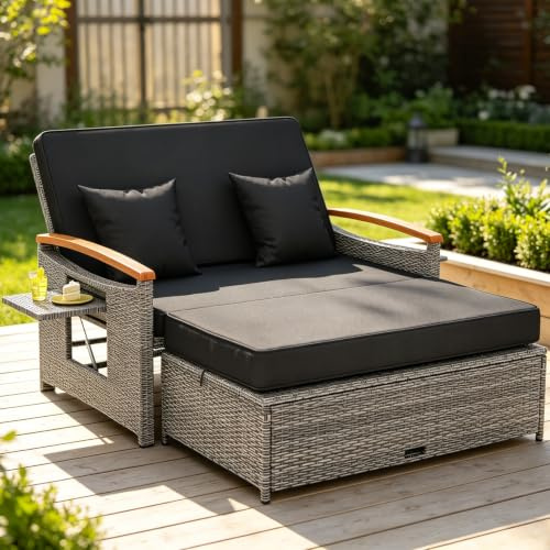 GIANTEX Meuble Extérieur 2 Pièces en Rotin PE avec Ottoman (Gris + Noir) | Dossier Réglable, Tables Latérales Rétractables, Coussins Doux, Double Bain de Soleil pour Porche, Jardin