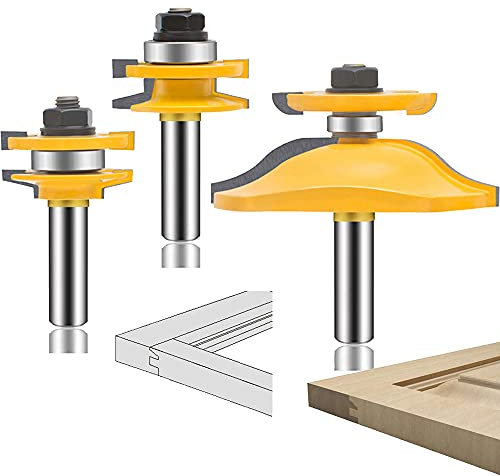 LEATBUY 3 PCS Router Bits Set 1/2-Inch Shank Round Over Raised Panel Cabinet Door Ogee Rail and Stile Router Bit Sets Woodworking Wood Cutter Groove Tongue Milling Tool(1/2 Double)
