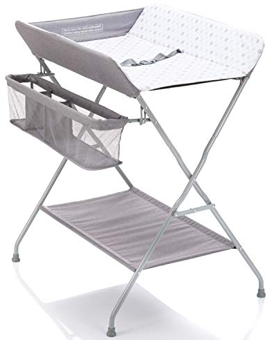 Fillikid Baby Wickelkombi - klappbare Wickelkommode, mobiler Wickeltisch mit Wickelauflage und Ablagefächern, platzsparend und stabil - Punkte Grau