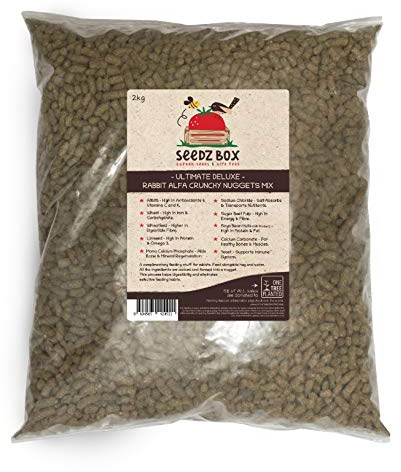 Rabbit Nuggets Food 1.8kg For Indoor & Outdoor Rabbits - Seedzbox Alfalfa Crunchy Rabbit Food - Natural Feed for Bunnies - Curbs Selective Eating Habits - Linseed and Wheat - High in Fibre and Calcium