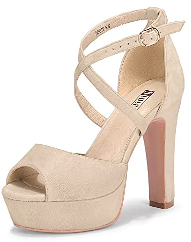 IDIFU Women's Platform Strappy Chunky High Heels Dress Sandals Peep Toe Wedding Party Evening Shoes for Women Bride (Nude Suede, 7 M US)