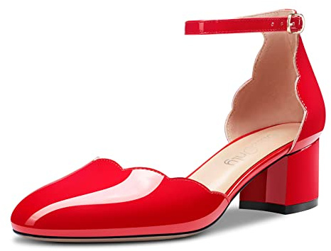 NobleOnly Femmes Bloc Chunky Bas Talon Heel Fermé Rond Bout Lanières Cheville Escarpins Boucle Mariage Bureau Party Dress Sandales 5 CM Heels Rouge 36 EU
