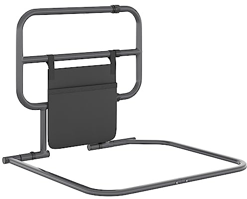 HOMCOM Barandilla de Cama Adulto Grande Asidero para la Cama Plegable Reforzada Barrera de Cama con Bolsillo de Almacenamiento para Discapacitados y Personas Mayores 61x66x55 cm Gris y Negro