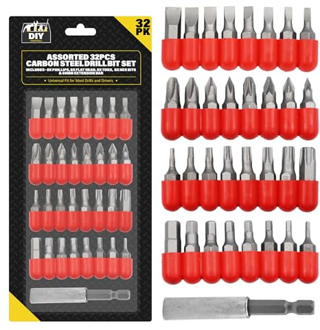 SOL Assorted 32pcs Carbon Steel Drill Bit Set – Includes 8 Phillips, 8 Flat, 8 Torx & 8 Hex Bits – Impact Driver Bits for Versatile Applications – Universal Drill & Screwdriver Set