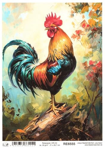 Josys Bastelmärchen Reispapier A4 Strohseide Decoupage Ostern stolzer Hahn auf Baumstumpf RE6555