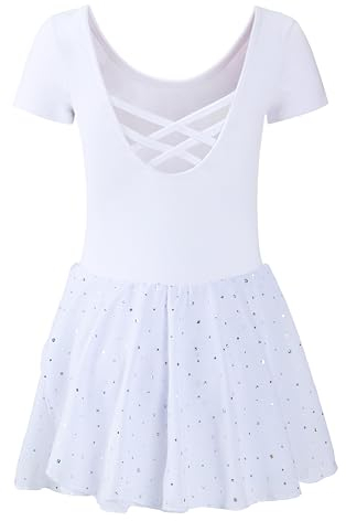 FONLAM Tanzkleid Ballettkleidung Turnanzug Mädchen Kurzarm Ballettkleid Ballett Trikot Ballettanzug Tanzbody Baumwolle (9-10 Jahre, Weiß)