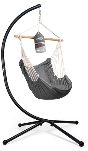 Rundwerk® Hängesessel mit Gestell - All Inclusive mit 2 Kissen - für Indoor & Outdoor ideal für Balkon & Garten - Hängestuhl - Hängesitz - Hängeschaukel - Hängematte- Schaukeltuch - Anthrazit