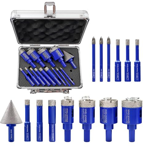 SHDIATOOL Set Punte Diamantate Sega a Tazza 14 pezzi (10 pezzi 6/6/6/8/10/12/20/25/28/32mm + 35mm Punte per Smussare + 3 pezzi 6 mm Punte in Carburo) per Ceramica, Porcellana, Marmo, Granito e Quarzo