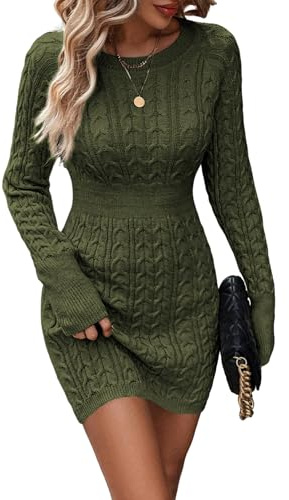 ZAFUL Womens Cable Knit Sweater Dress Long Sleeve Crew Neck Winter Bodycon Mini Fall Dresses 2025 0-Green M