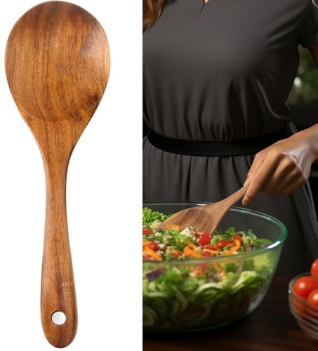 Large Teak Wood Spoon for Cooking, 13-Inch Teak Wooden Salad Sever, Natural Wood Salad Spoon with Long Handles, Wooden Salad Server Nontoxic BPA-Free & Heat Resistant