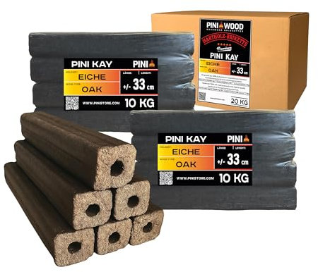 PINI Kay Briquetas de madera de roble, 33 cm de largo, cuadradas con agujero de tracción, 20 kg, briquetas de madera dura, briquetas de madera de roble, chimenea, horno y barbacoa