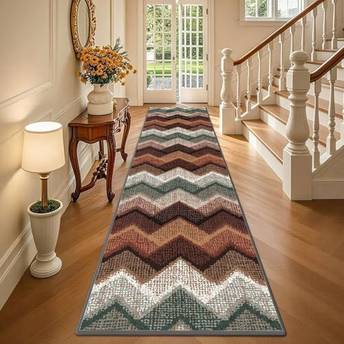 TUKDAK Tappeto Boho Passatoia per Corridoio Antiscivolo 80x200cm, Marrone Verde Lavabile Tappeto per Corridoio, Lavabile Tappeto per Cucina, Tappeto a Pelo Corto per Cucina, Tappeto per Corridoio