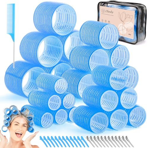 obeoby 4 Sizes Hair Rollers Curlers Set with Clips for Women Girls, Blue