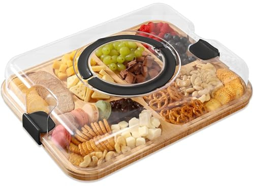 Planche à charcuterie avec Couvercle Planches à charcuterie en Bambou avec poignées de Couvercle Transparentes Plateau de Service 6 Compartiments pour collation Cuisine