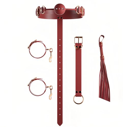 Adult Novelty Set Halsband med munstycke justerbara handledsremmar och dekorativ piska Eleganta röda PU material diskret förpackning