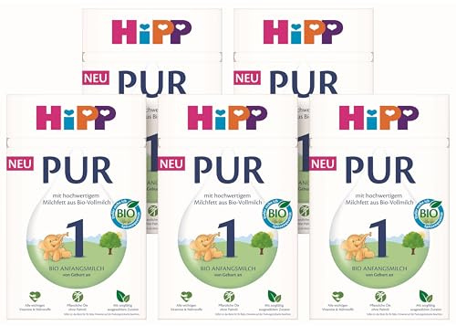 HiPP 1 PUR Anfangsmilch (5 x 500g), von Geburt an, mit hochwertigem Milchfett aus Bio-Vollmilch, ohne Palmöl, nur Lactose, mit wichtigen Vitaminen & Nährstoffen, in bester Bio-Qualität