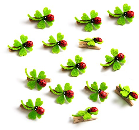 Glücksbringer Holzklammern, 14 Stück: Mit Kleeblatt & Marienkäfer, Mini Wäscheklammern Holz, Holzwäscheklammern Klein, Basteln & für Fotos, Klammern Deko Geschenk, Dekoklammern Tischdeko, 3 cm