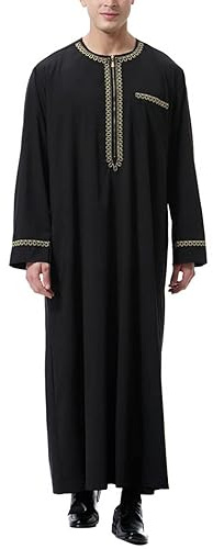BeerMmay Herren Muslim Druck Kaftan Islamisch Royalty Dubai Robe O-Ausschnitt Lange Ärmel Retro Tuniken Abaya Lose Kandoura,Schwarz,L