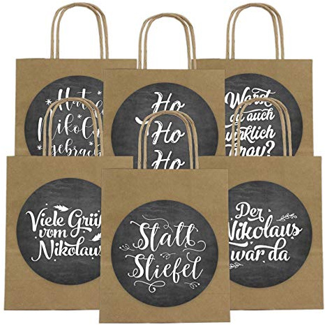 Papierdrachen 6 Geschenktüten zum Nikolaus 18cm x 22.5cm x 8cm mit XXL Stickern - Verpackung zum Nikolausfest - Nikolaustüte - Henkeltüte Motiv Handlettering