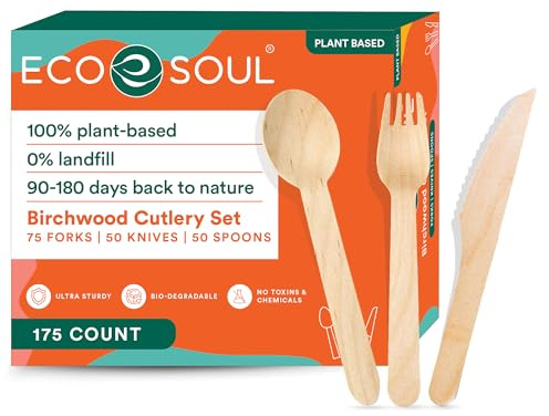 ECO SOUL Disposable Wooden Cutlery Set (175 Pack) - Eco Friendly 75 Forks, 50 Spoons & 50 Knives, Biodegradable & Compostable Cutlery Set for Party Wedding Picnic - Packaging May Vary