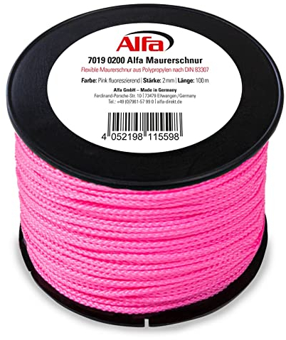 1x Alfa Maurerschnur Pink 100 m Länge Ø 2,0 mm Profi-Qualität Polypropylen rund geflochten Reißfest & Belastbar Richtschnur Bauschnur Lotschnur Pflasterschnur