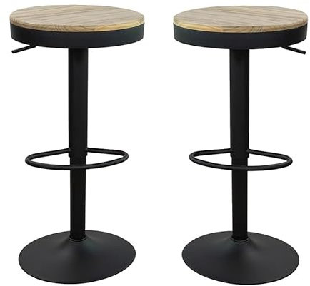 Vaukura Taburete Alto Regulable con Asiento de Madera Timber para Cocina/Bar (Negro) (Pack 2)